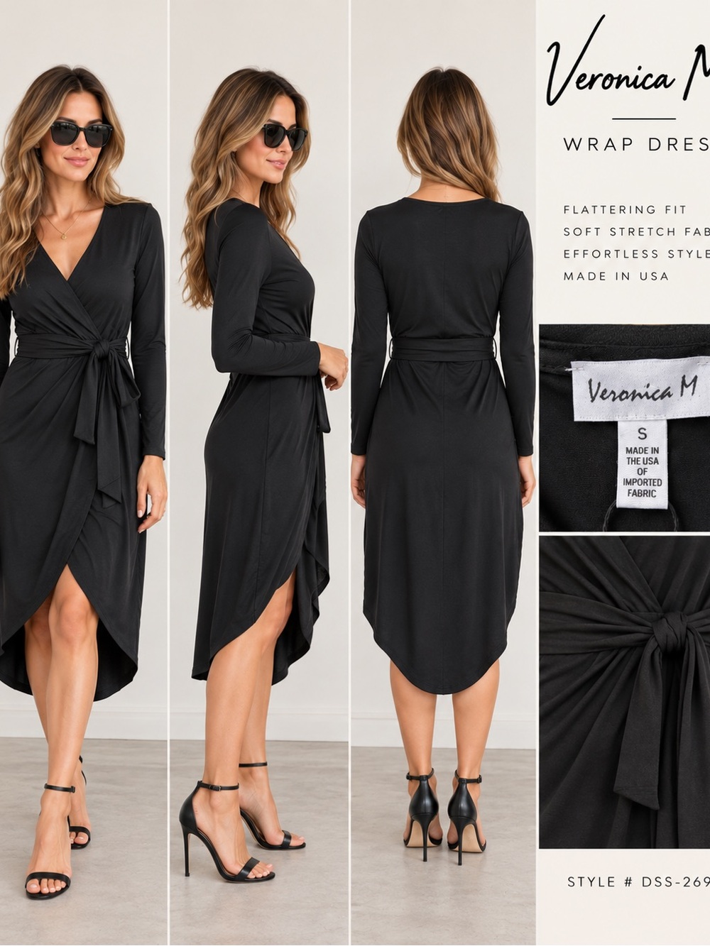 Veronica M Black Wrap Midi Dress with Self-Tie Waist